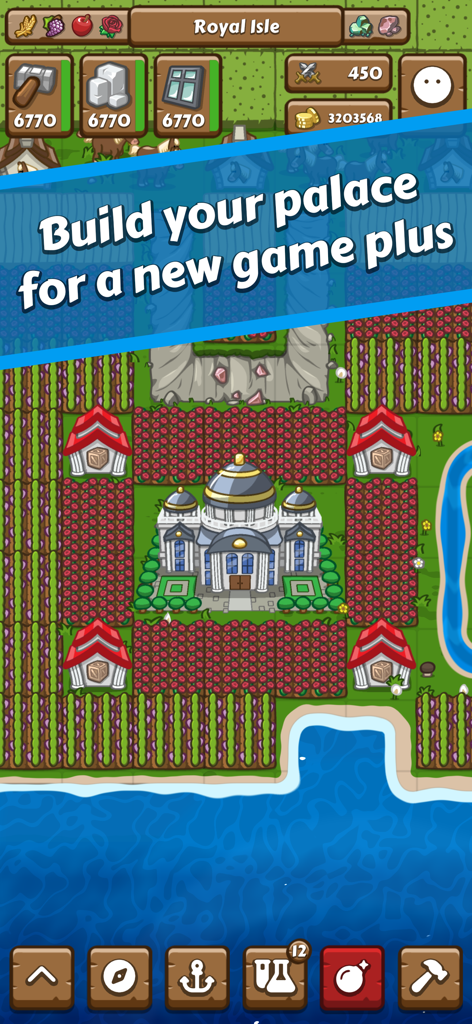 A medieval city building screenshot featuring a grand palace surrounded by farms and houses on the Royal Isle.