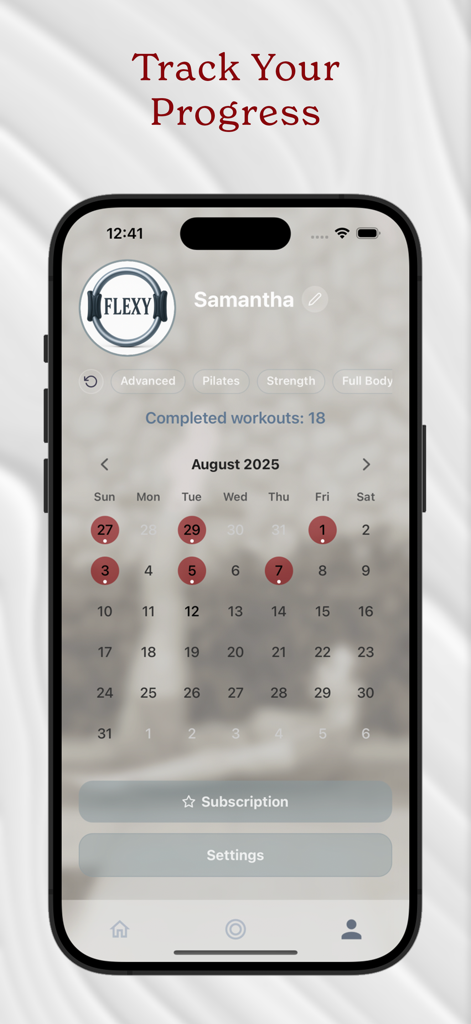 Flexy: Pilates & Home Workout - Pantalla de perfil de usuario de la aplicación Flexy que muestra un calendario de entrenamiento mensual y el historial de sesiones completadas