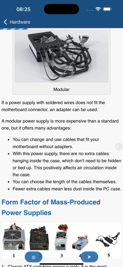 Pantalla educativa de la aplicación Conceptos Básicos de Informática que explica las fuentes de alimentación modulares y los diferentes factores de forma de PSU.