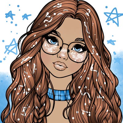 girl with long hair and freckles and glasses realistic