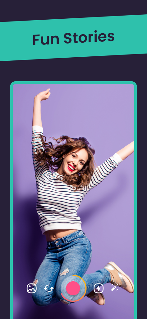 Livejoy - Interface of the Livejoy app showing the Fun Stories feature with a woman recording a video