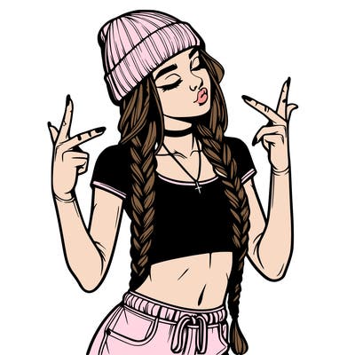 realistic teenage girl with braids and a beanie and crop top doing 🫶🏼