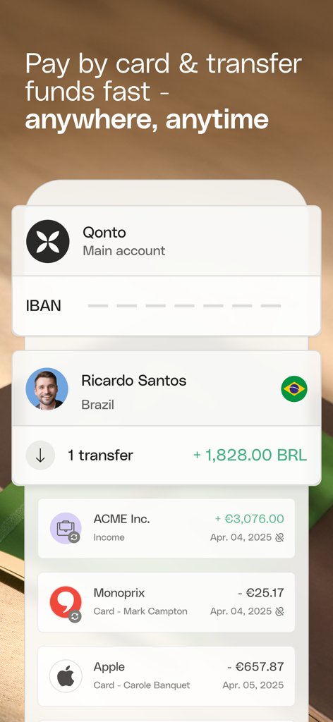 Qonto - Business Finance App - Qonto mobile app dashboard showing business transactions and international transfers.