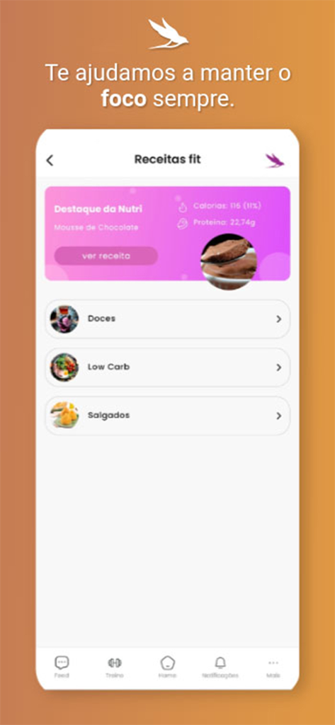 Mulher Em Forma - Interface of the Mulher Em Forma app showing healthy recipe categories like low carb and savory snacks with nutritional details