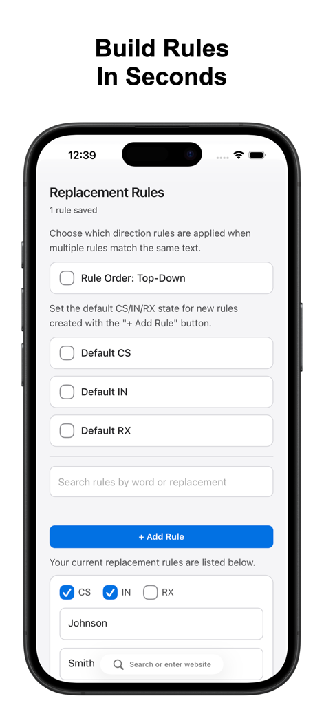 A smartphone screen showing the replacement rules configuration in the Word Replacer for Safari app
