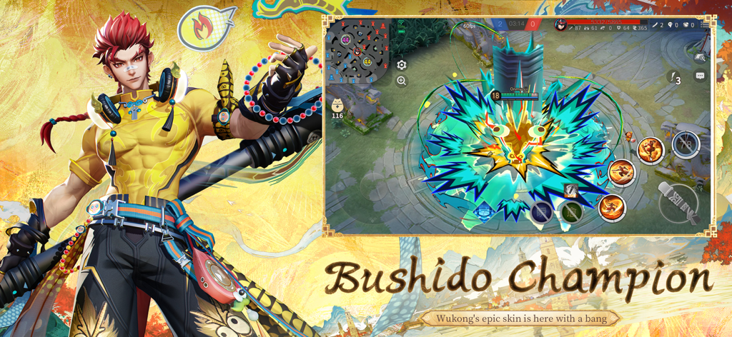 Personaje Wukong con la skin épica Campeón Bushido y una escena de batalla de juego en Onmyoji Arena.