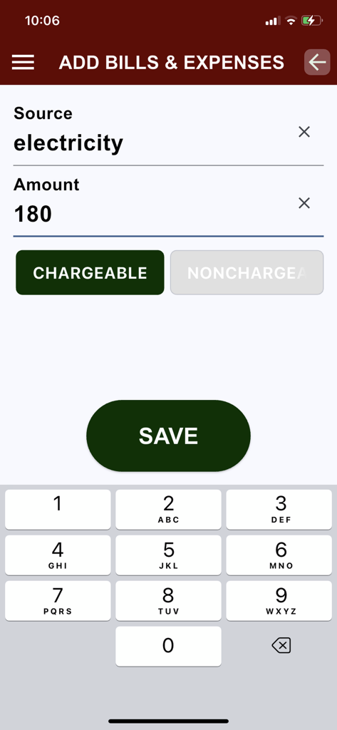 Pay Down Velocity Banking - Pantalla para agregar facturas y gastos para la entrada de la factura de electricidad en la aplicación de banca de velocidad