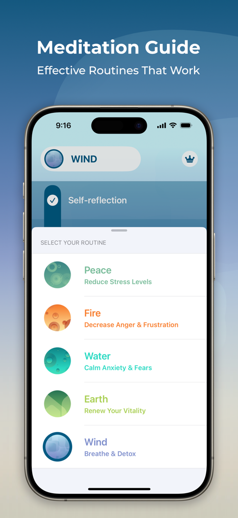 Spiritual Me: Meditation App - A mobile screen showing a selection of five nature themed meditation routines like Peace Fire and Water