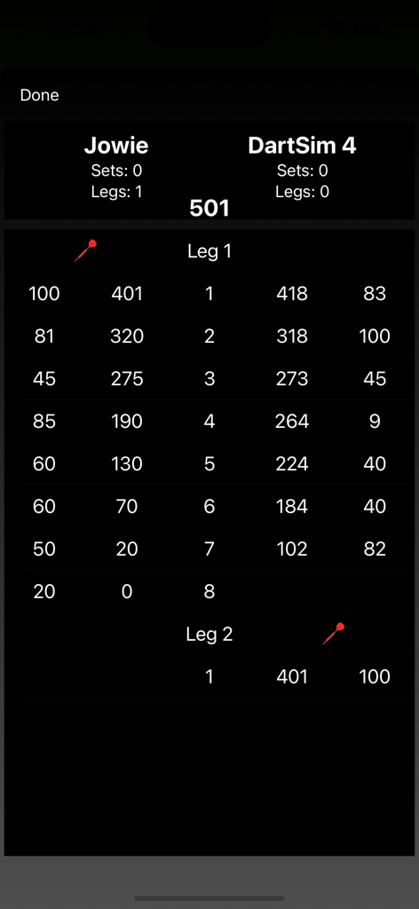 Digital scoreboard showing 501 dart game scores against a simulator.