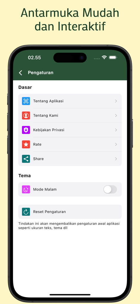 Safinatun Najah - The settings interface of the Safinatun Najah app showing options for night mode and application information.