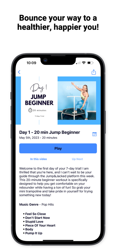 Jump&Jacked - Jump and Jacked app screen displaying a beginner mini trampoline workout class details.