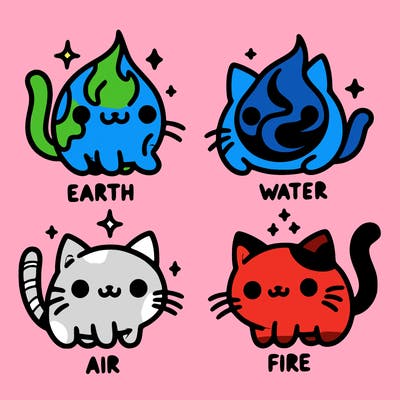 4 cats that represent the different elements, earth, water, air, and fire