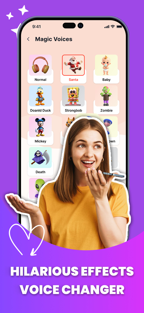 Interface of the OMG Prank App showing various voice changer effects like Santa, Baby, and Zombie with a woman using her phone.