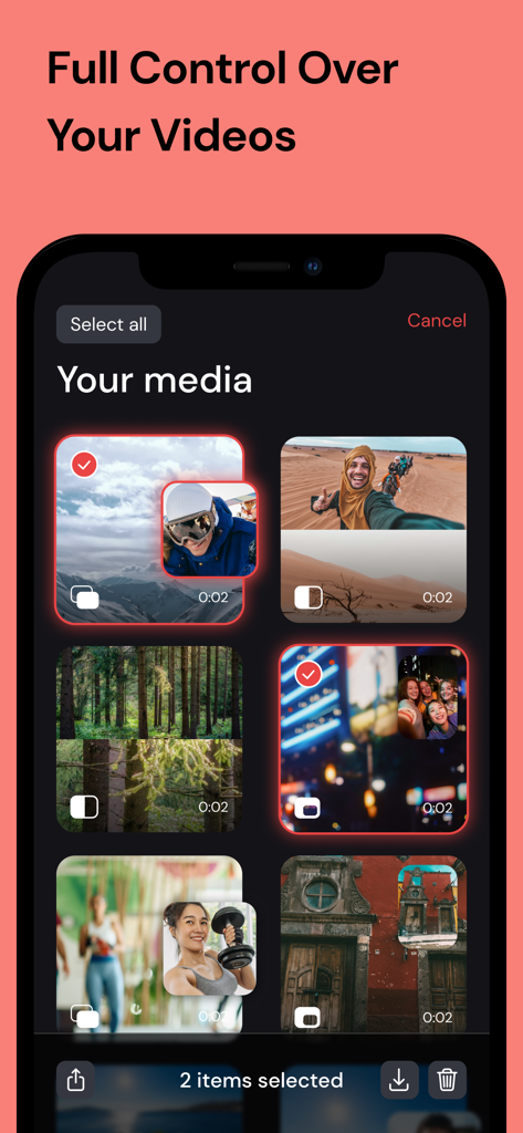 Interfaz de la aplicación DoubleTake mostrando una galería multimedia con varias grabaciones de vídeo multicámara y opciones de exportación
