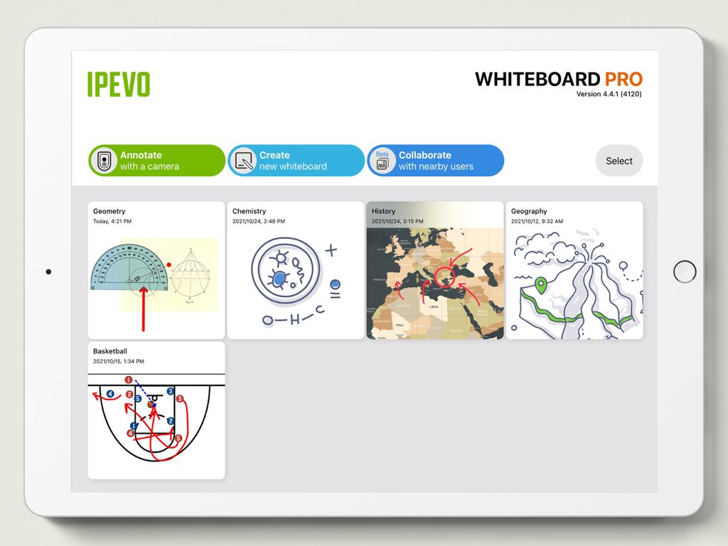 IPEVO Whiteboard - IPEVO Whiteboard Pro dashboard on an iPad displaying saved educational projects for geometry, chemistry, and history