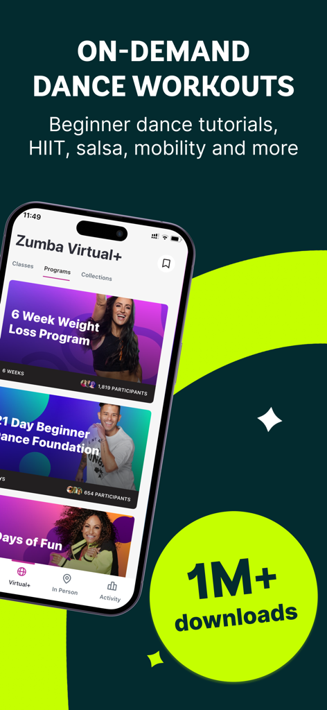 Zumba app screen featuring on-demand dance workouts and fitness programs