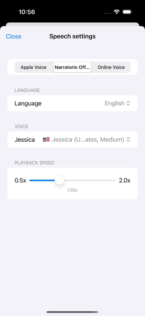 Libri Audiobooks - Menú de configuración de voz en Libri Audiolibros mostrando selección de voz y control deslizante de velocidad de reproducción.