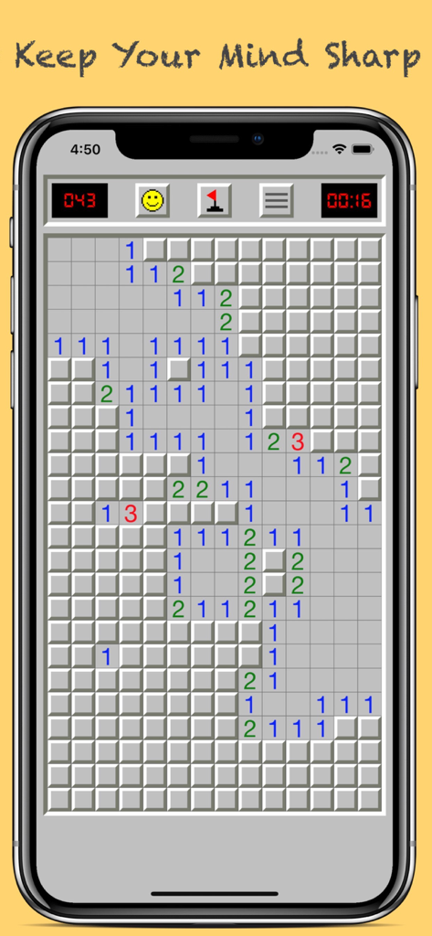 Minesweeper Classic Puzzles - 스마트폰 화면에 표시된 지뢰 찾기 클래식 퍼즐 게임 인터페이스