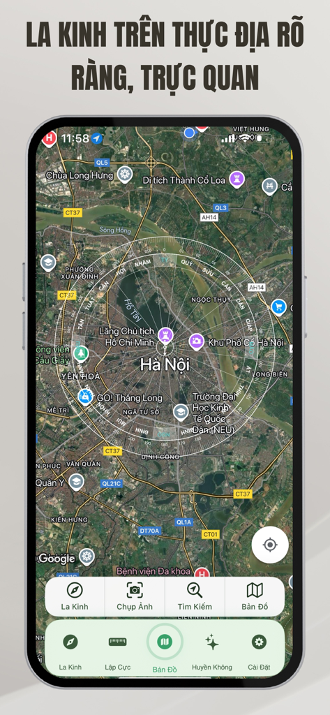 Feng Shui Compass Bach Viet - Feng Shui Luopan compass overlay on a satellite map of Hanoi.