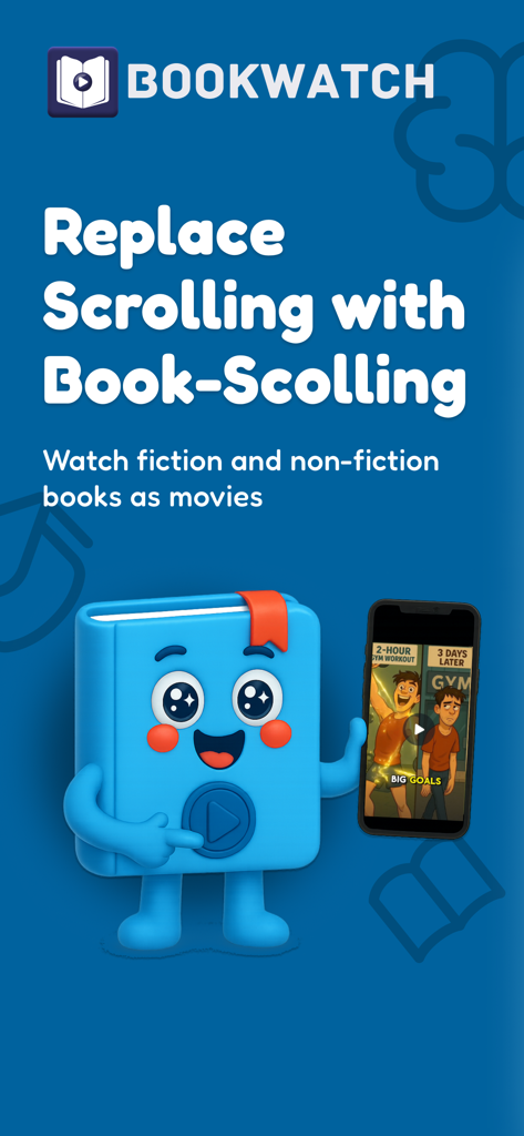 Captura de pantalla de la aplicación BookWatch que presenta una mascota de libro de dibujos animados azules y el texto Reemplaza el desplazamiento con el desplazamiento de libros