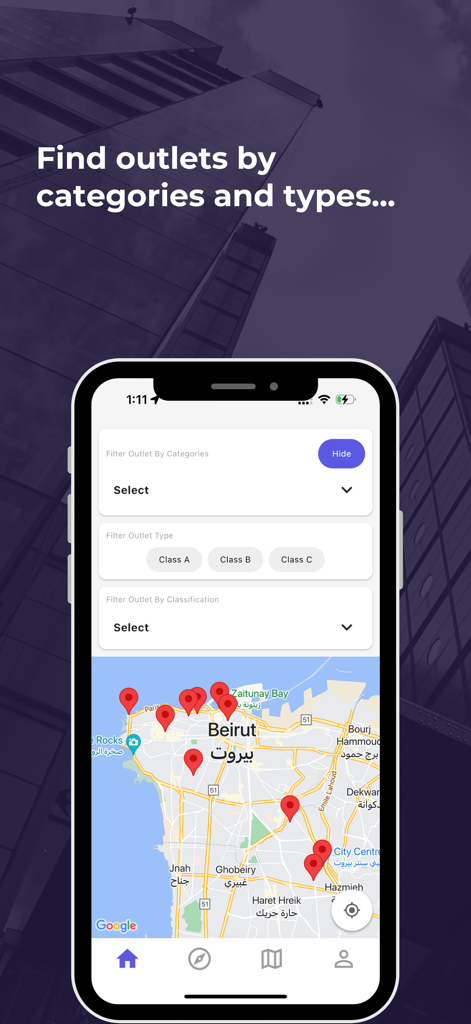 Trade Map mobile app interface showing outlet category and type filters above an interactive map with store location pins