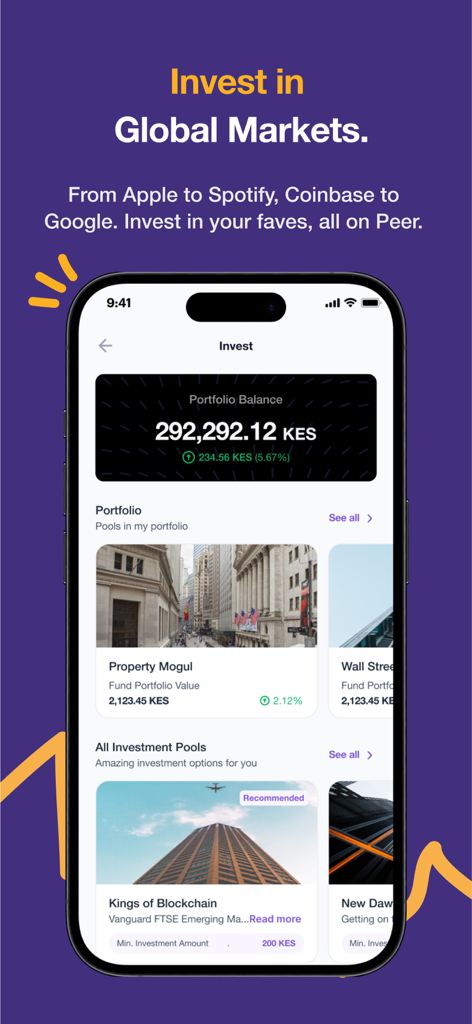 Peer - the everything app. - Peerアプリのインターフェース。グローバル市場への投資オプションとKESでのポートフォリオ残高が表示されています。