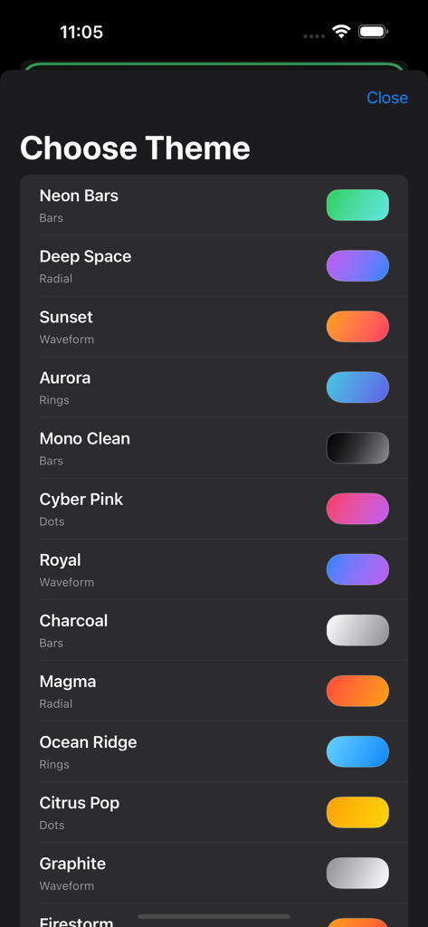 Live Audio & Music Visualizer - Menú de selección de tema en la aplicación Live Audio and Music Visualizer que muestra varios estilos de visualización y gradientes de color.