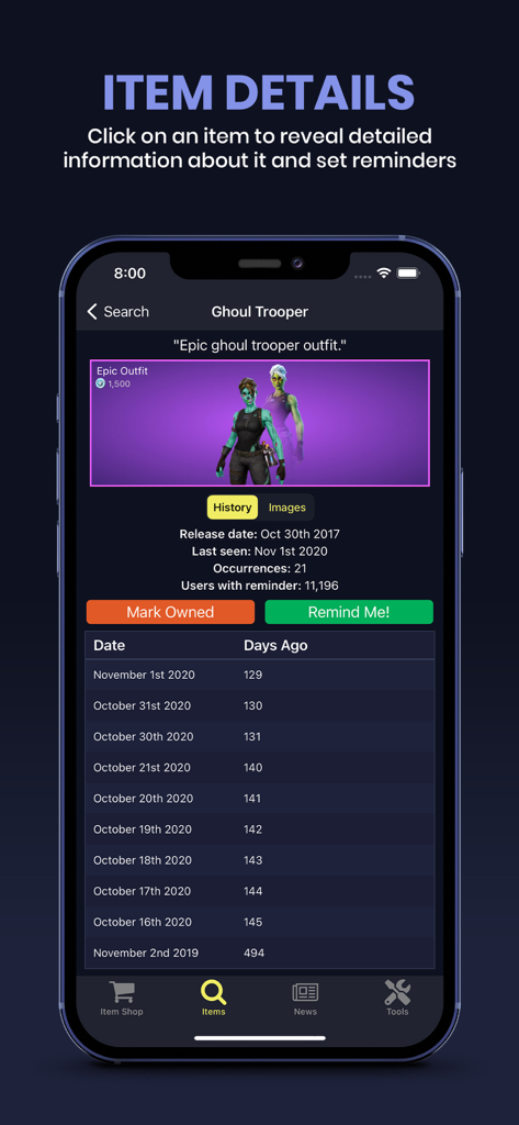 Fortnite item tracker app showing Ghoul Trooper outfit details and shop history