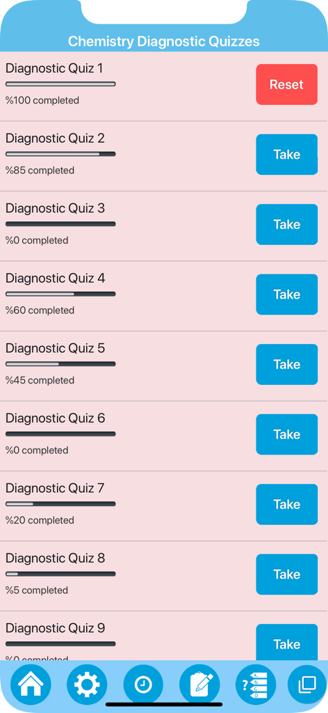 Science : Learn Chemistry - 進捗バーと、試験の開始またはリセットボタンを備えた化学診断クイズのリスト。