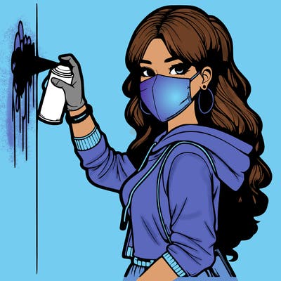 realistic girl with mask spray painting a wall