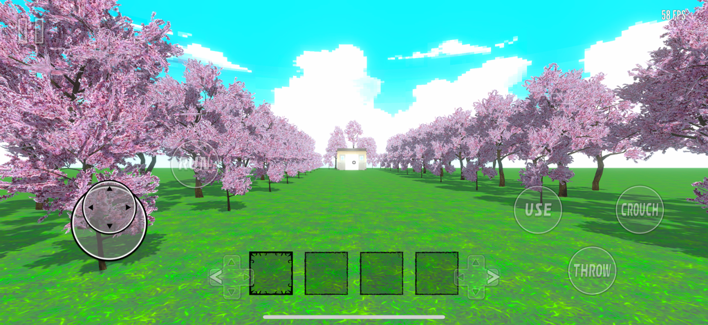 Fragmented Fear - A bright field with rows of pink cherry blossom trees leading to a small house with on-screen game controls