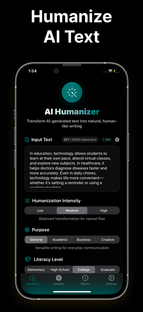 AI Humanizer - Paraphrase Tool - Interfaz de la aplicación Humanizador de IA para transformar texto de IA en escritura natural similar a la humana con configuraciones personalizables de intensidad y nivel de alfabetización