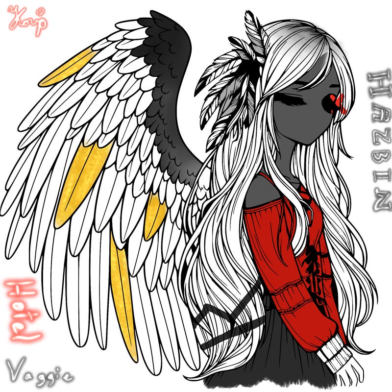 realistic girl with bird wings and some feathers in her hair