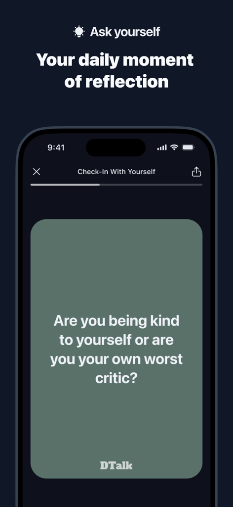 Conversation starters: DTalk - Pregunta diaria de autorreflexión en la interfaz de la aplicación DTalk.