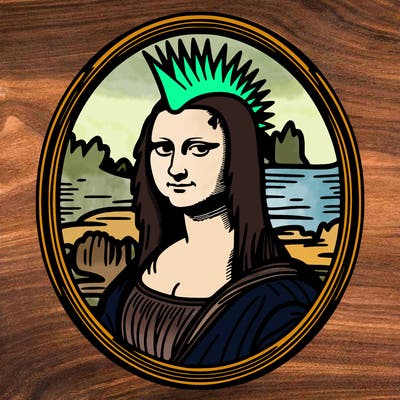 leonardo da vinci's "mona lisa" with punk hairstyle, realistic, thin borders