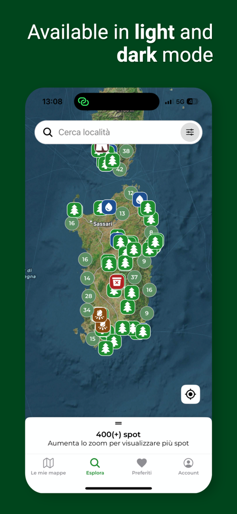 Mappa Magica - Mappa Magicaアプリ内のサルデーニャのマップ。様々な厳選されたバンライフキャンプスポットと施設を表示しています。