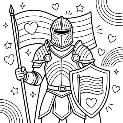 Unsheathe your crayons for this heartwarming Feudal Knight Pride coloring page! Designed for kids, it features a gallant knight ready to celebrate love and diversity with flags, hearts, and rainbows.