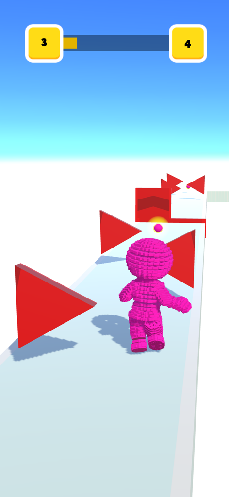 Screw Man Run 3D -Bolts Escape - A pink voxel character running on a platform through red triangular obstacles in a 3D runner game.