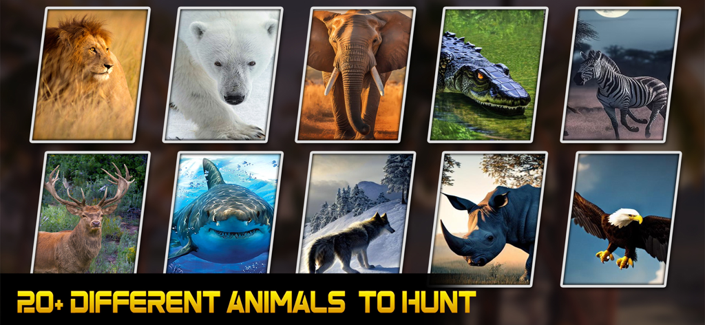 Wild Deer Hunt Games - A collection of wild animals including lions and elephants with the text 20 plus different animals to hunt