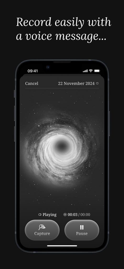 Yume app voice recording interface with a minimalist dark design and galaxy graphic.