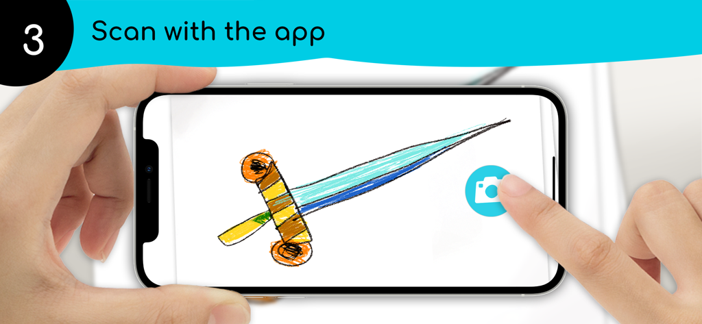 Wakatoon Interactive Cartoons - A person scanning a child's colorful drawing of a sword using the Wakatoon app on a smartphone