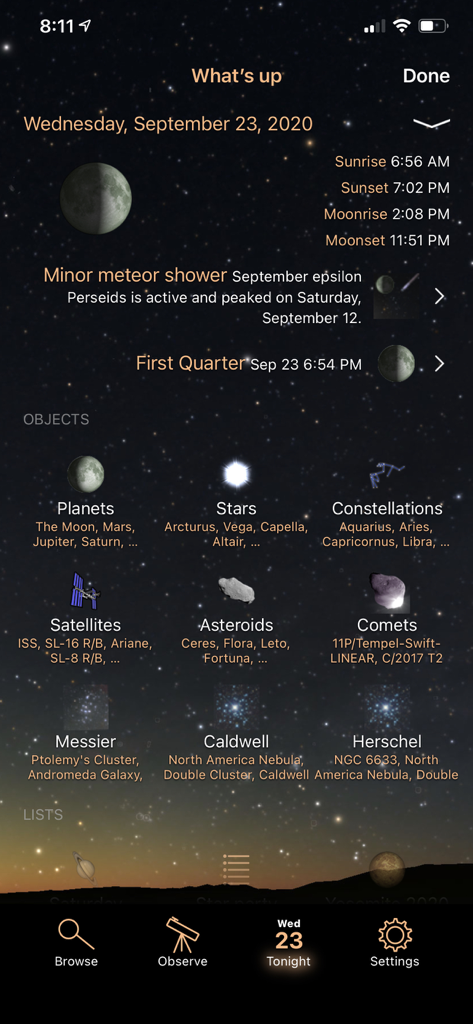 Luminos app screen showing astronomical events and categories for celestial objects like planets stars and constellations