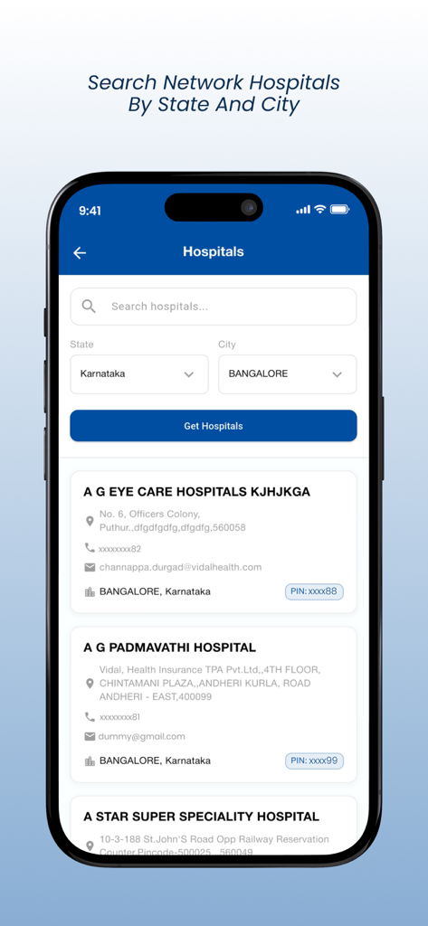 Search interface for network hospitals in the Norka Care Plus app