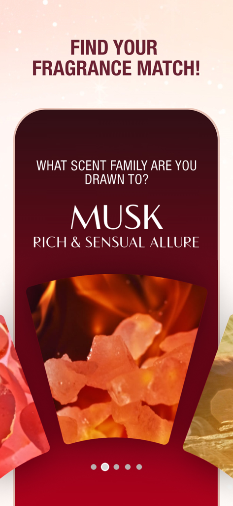CHARLOTTE TILBURY: EASY BEAUTY - Charlotte Tilbury app fragrance finder screen showing the Musk scent family with a rich and sensual allure description.