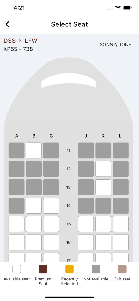 ASKY Airlines - Écran de sélection de siège dans l'application mobile ASKY Airlines montrant la disposition d'une cabine d'avion avec les sièges disponibles et occupés.