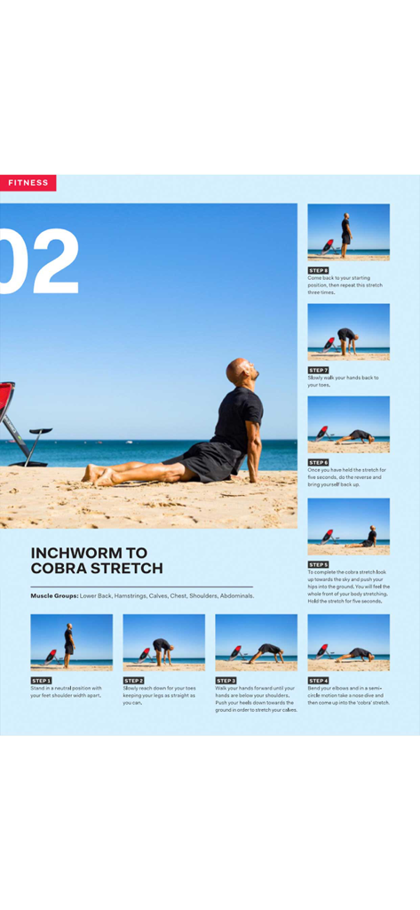 Guía de ejercicios paso a paso para un estiramiento de gusano a cobra en una playa de The Kite Mag