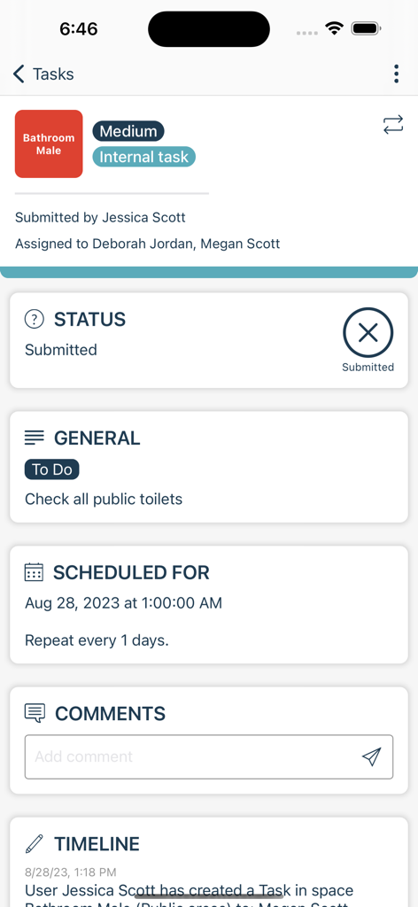 Flexkeeping - Detailed view of a hospitality task within the Flexkeeping mobile app showing status and schedule