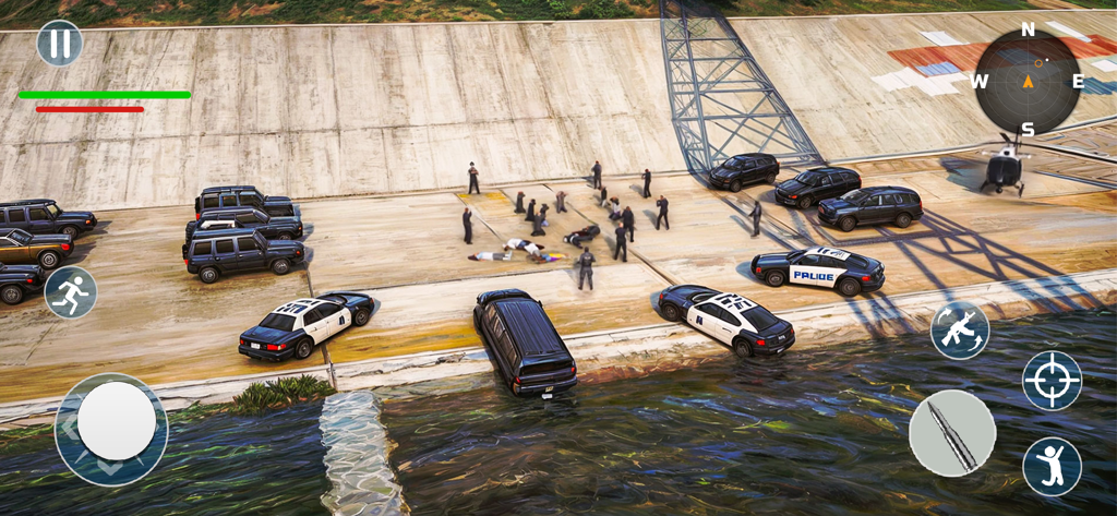 Gang Games : Crime City War 3D - A police standoff with gangsters near an urban canal in Gang Games Crime City War 3D