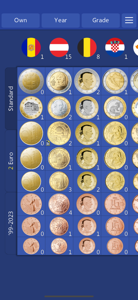 Una cuadrícula de álbum digital en la aplicación Euro Coin Collection mostrando monedas organizadas por país y denominación