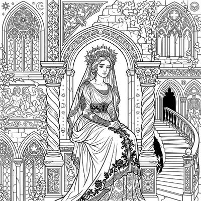 Immerse yourself in the melancholic beauty of this Renaissance Gothic coloring page. Discover intricate details of a regal figure surrounded by ornate architecture, climbing ivy, and subtle macabre elements.